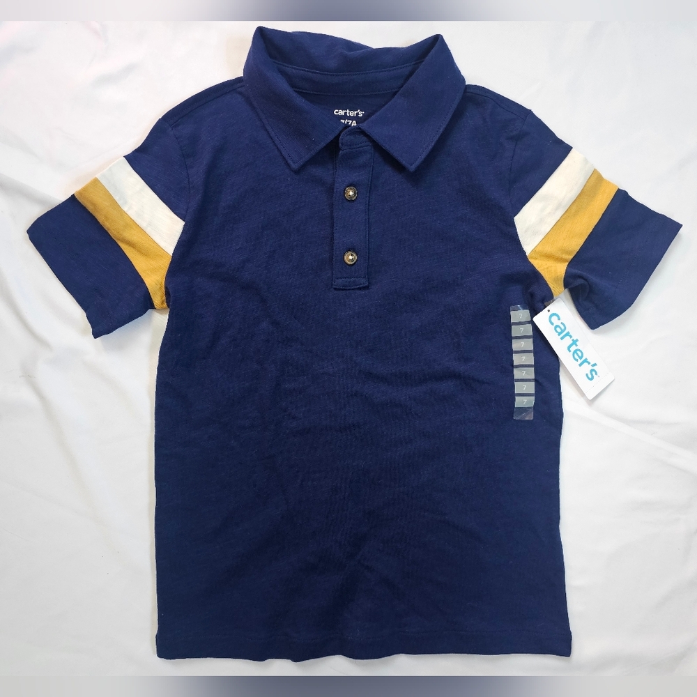 Carter's Navy Polo with Yellow and White Stripes- Size 7 - Picture 1 of 6
